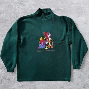 Disney Store Winnie the Pooh Christmas Fleece Mock Neck Green Medium Vintage